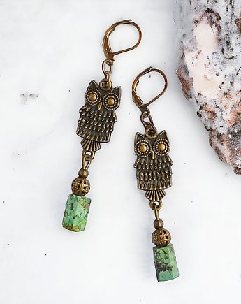Kolczyki SOWY - turkus afrykański i antyczne złoty - długie, kaktusia