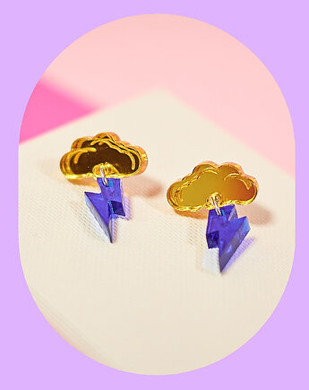 Kolczyki chmurki z błyskawicą - złoto-granatowe, Fox and Jewelry