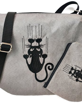 Szara listonoszka,  torebka z kotkiem , portfelik kotek, Made by Joan