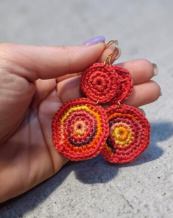 "Malinowe słońce" kolczyki szydełkowe srebro pozłacane, Ciotka Matylda