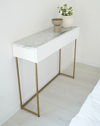LACY-Biała toaletka z ryflowanym frontem i marmurem, Papierowka Simple form of furniture