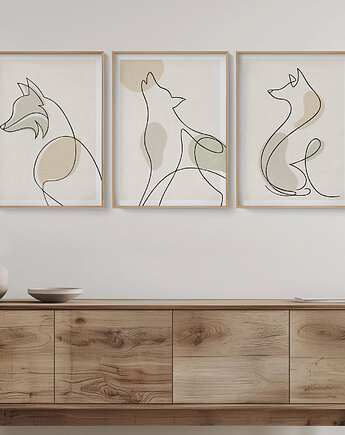 Zestaw 3 stylowych plakatów w stylu Boho, zwierzęta, pies, wilk, line art., Grawisfera