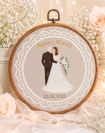 Personalizowana pamiątka ślubna, haft w oprawie vintage, Plasun