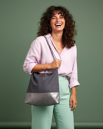 Torebka Boho Bag z szarego weluru unikatowa torebka handmade na ramię, raspberi