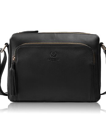 Torebka damska na ramię skórzana czarna klasyczna ze złotymi okuciami, Paolo Peruzzi