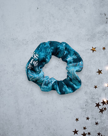 Scrunchie gumka frotka wąska - świąteczna śnieżynki niebieska, Zdunetti
