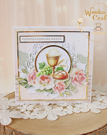 Kartka komunijna do koperty, Pamiątka Komunii, prezent "RoseWine5" GOTOWA, Lulaczkowo