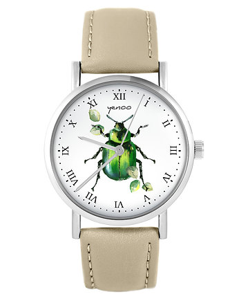 Zegarek - Zielony żuczek - skórzany, beżowy, OKAZJE - Prezenty na 18 dla chłopaka