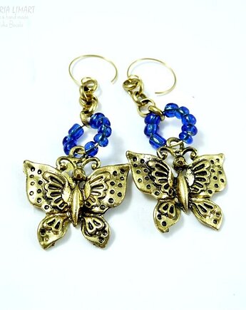 Złoty motyl z kobaltem urocze długie modne kolczyki w stylu boho handmade, Galeria Limart