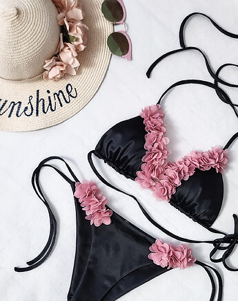 Bikini strój kąpielowy czarny różowe kwiaty 3d, Boho Loco
