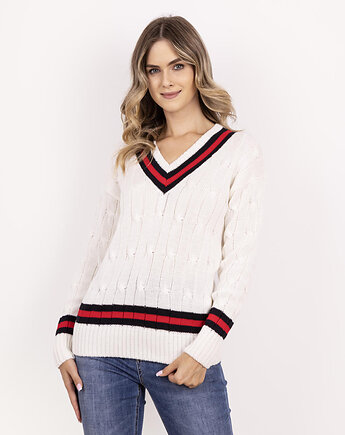 Sweter z ozdobnym dekoltem w serek - SWE304 ecru/granat/czerwony MKM, MKMswetry