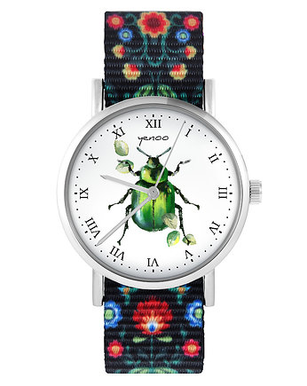 Zegarek - Zielony żuczek - folk czarny, nylonowy, yenoo