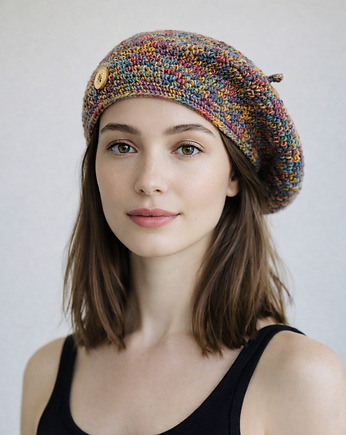 Wiosenny beret damski z antenką ręcznie robiony bawełna one size, splotomaniaa