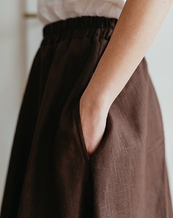 Lniana spódnica MAXI z kieszeniami - czekoladowy brąz, Linberry