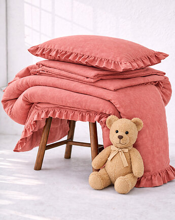 Lniana pościel dziecięca z falbanką - koralowy, Linen House