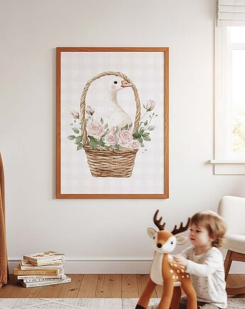 Plakat Gąska w koszyku z kwiatami - Plakaty Na Ścianę Dla Dzieci, Dekoracjan