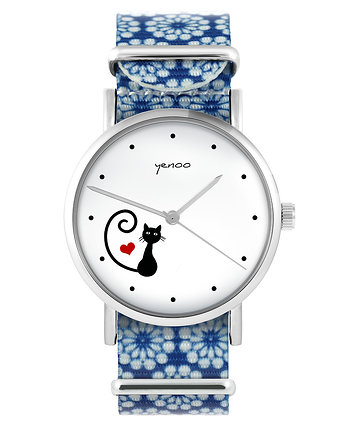 Zegarek - Kotek, serce - niebieski, kwiaty, yenoo