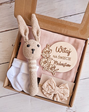 Zestaw prezentowy dla małej dziewczynki niemowlaka, grzechotka królik, OSOBY - Prezent dla noworodka
