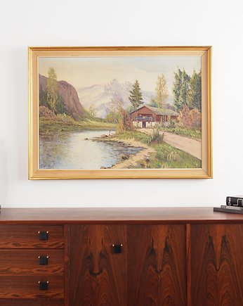 Obraz Schronisko nad górskim potokiem, skandynawski design, lata 70, Przetwory design