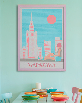 Plakat Warszawa - panorama miasta i Pałac Kultury, minimalmill