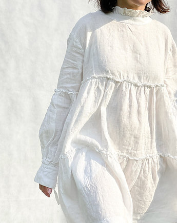 Lniana sukienka z kryzą pod szyją w kolorze białym, Nature Bed