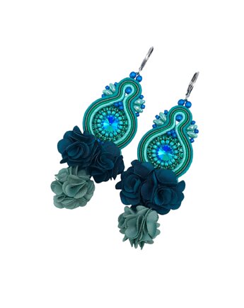 Kolczyki sutasz boho z kwiatami turkusowo zielone eleganckie Arcadia, Katrina Rossa
