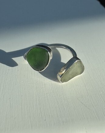 Pierścionek Open ze szkłem morskim Doubletrouble, bluewavestudio