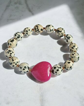 Jaspis dalmatyński i serce : FUKSJA : bransoletka na gumce, kaktusia