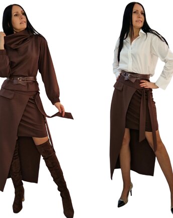 Brązowa Asymetryczna spódnica z wiązaniem, MM FASHION