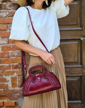 Torebka skórzana ręcznie robiona góralska Cuero Wiśniowa wzory, SempreArte