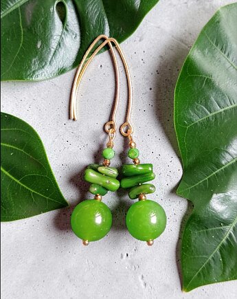 Kolczyki : soczysta zieleń : długie : 65mm : jadeit, koral, masa perłowa, kaktusia