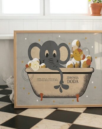 Plakat zimna woda zdrowia doda słoń w wannie, polkastudio