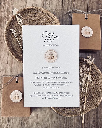 Zaproszenia na komunię z personalizacją - bilet z hostią, sorte