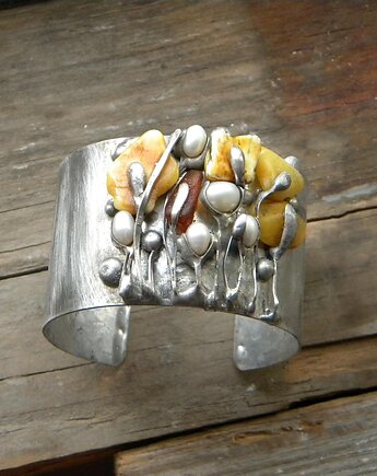 Bursztyny i perły -  bransoleta mankiet CUFF, Beata Trotter