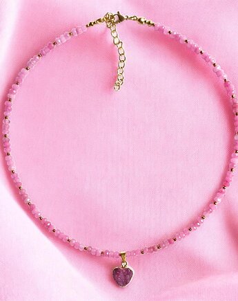 UNIKAT naszyjnik z serduszkiem : jadeit, kwarc druzy, kaktusia