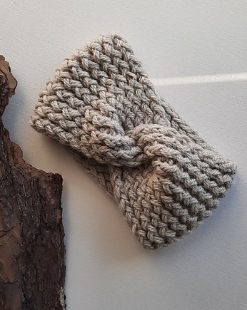 Dziergana zimowa opaska popielata- owcza wełna i alpaka, WoolTerka HandMade