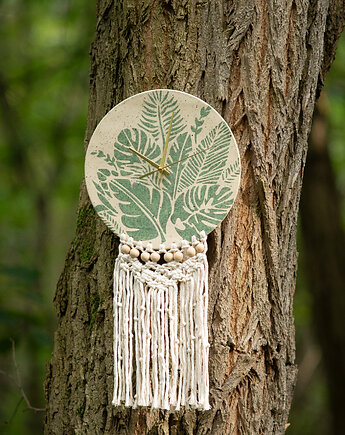 Ceramiczny zegar ścienny z makramą handmade motyw botaniczny, Agnieszka Szehyńska Ceramika