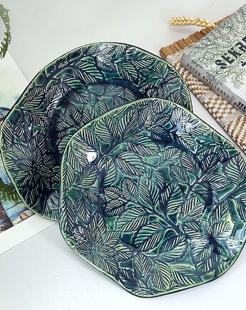 Ceramiczna misa z motywem liści w kolorze butelkowej zieleni, 10FingersArt