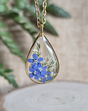 Złoty wisiorek prawdziwe kwiaty zawieszka łezka łza niezapominajki, zkwiatem