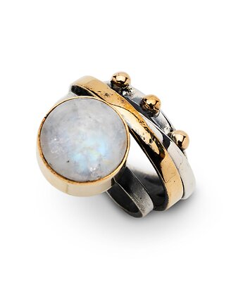 Pierścionek srebrny - artystyczny z kamieniem księżycowym i złotem, Ade Art