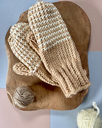 Rękawiczki jednopalczaste z wełny merino mix beż, HisOutfit