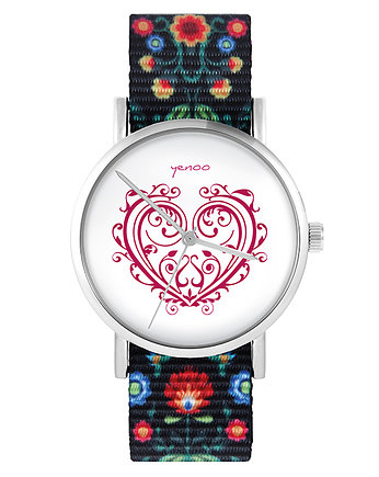 Zegarek - Serce ornament - folk czarny, nato, yenoo