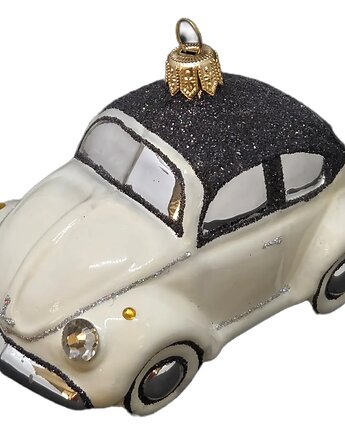 Ręcznie malowana bombka szklana beżowy garbus z czarnym dachem, STARGLASS