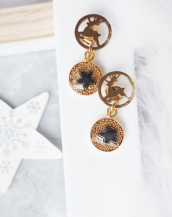 ŚWIĄTECZNE KOLCZYKI z reniferami i gwiazdkami, srebro pozłacane, Chodelska Art Studio