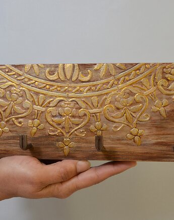 Drewniany wieszak na klucze w stylu rustykalnym: wzór mandali, 4 haczyki, Creative Craft Family R