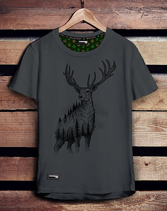 T-shirt męski podróżnika JELEŃ SZLACHETNY z lasem szary -L, Szwendam sie
