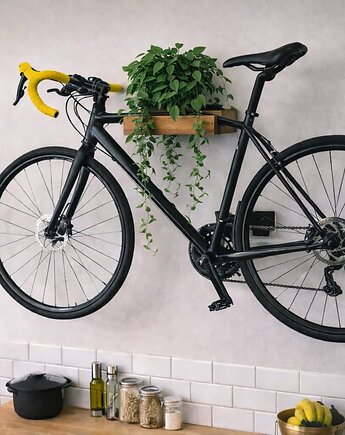 Drewniany wieszak na rower z funkcją półki na kwiaty, woodUlike