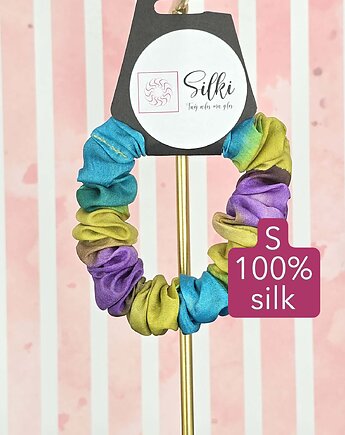 S wąska gumka jedwabna do włosów jedwab naturalny scrunchie tęczowa, Silki