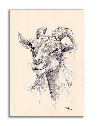 Grafika ręcznie malowana "Koza" kozioł, Galeria Alma