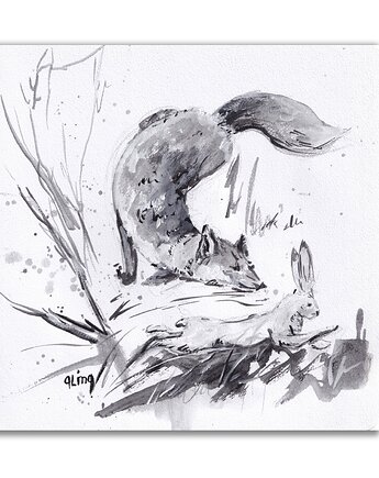 Lis i zając. Grafika ręcznie malowana, Galeria Alma
